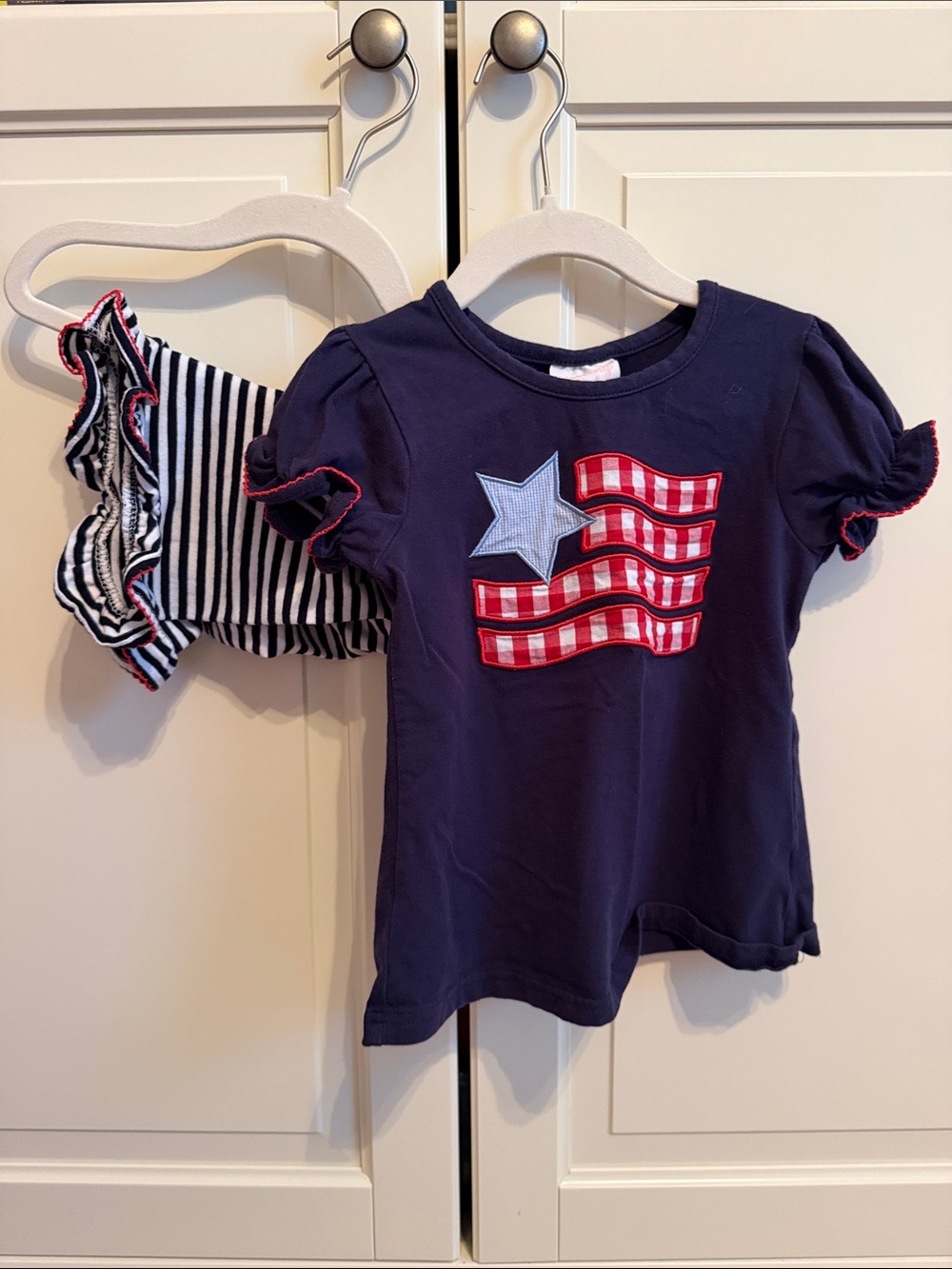Girls Navy Star & Gingham Flag Short Sleeve Tee